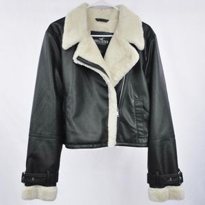 Sherpa lined faux leather black jacket hollister